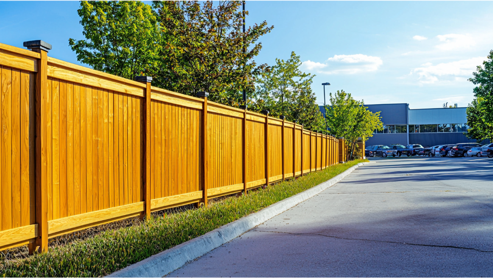 A wood fence around a commercial property