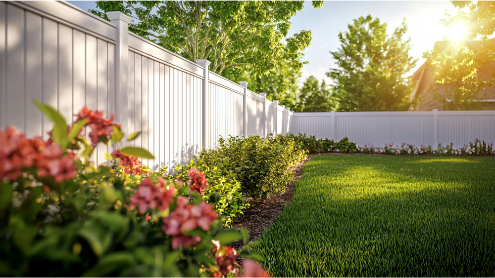 Clean white vinyl fence surrounding a backyard garden with flowers and lush grass.