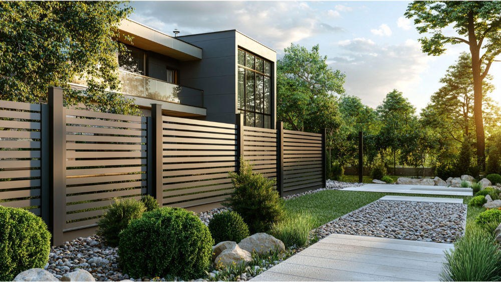 Contemporary horizontal slat privacy fence in a modern landscaped yard with stone pathways and greenery.