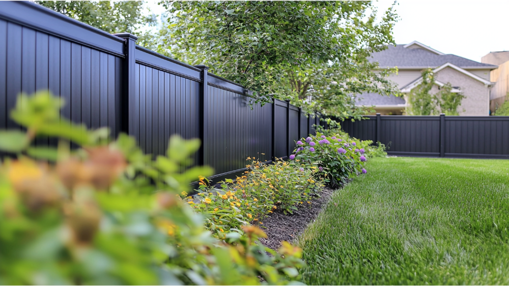 Close-up of a black vinyl privacy fence in a landscaped backyard with colorful flowers and trimmed lawn.