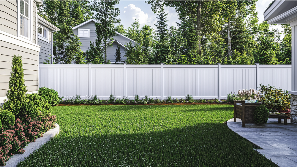 Neat backyard with a white vinyl fence, manicured grass, and flower beds next to a gray house.