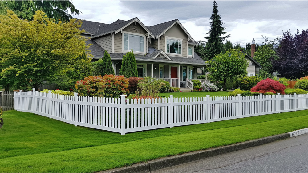 Front yard of a suburban home with a white vinyl picket fence and vibrant landscaping.
