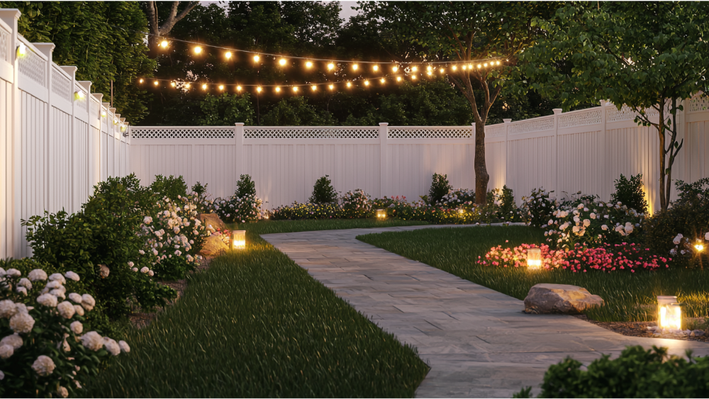 Backyard with white vinyl privacy fence, string lights, flowering plants, and a stone walkway illuminated at dusk.