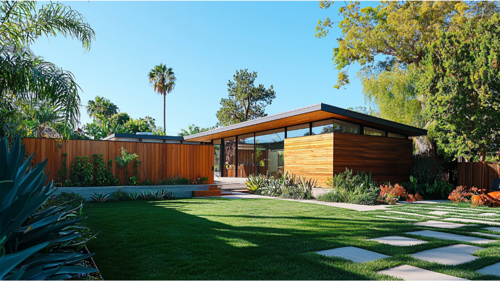 Modern backyard with a mid-century style wooden house, lush lawn, and horizontal wood privacy fence.