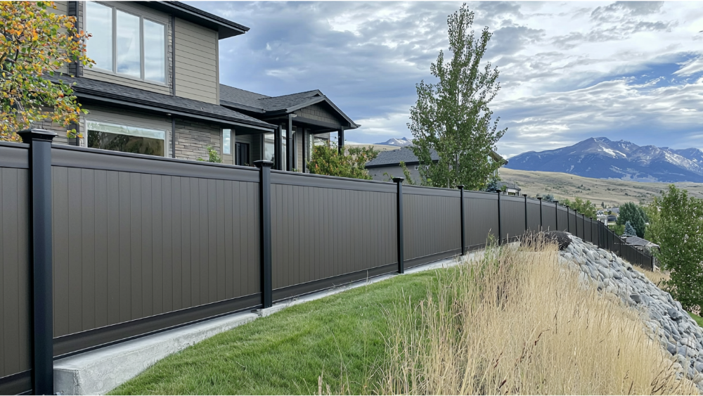 Brown vinyl privacy fence along a sloped backyard with scenic mountain views in the background.