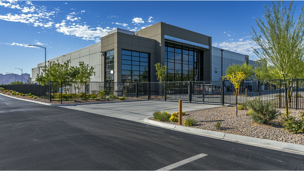 Modern commercial building with a black metal security fence and desert landscaping.