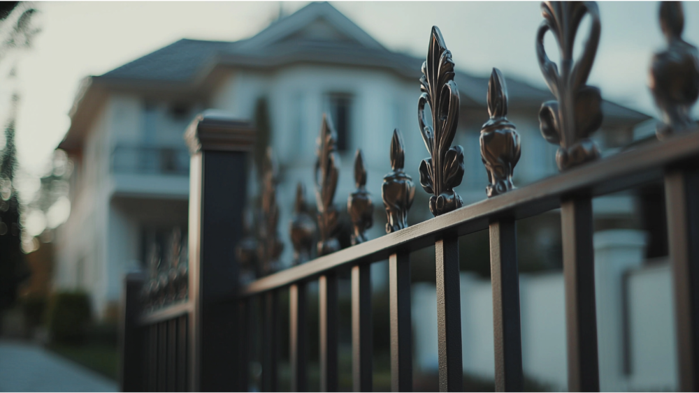 Close-up view of a decorative wrought iron fence in front of a luxury home.