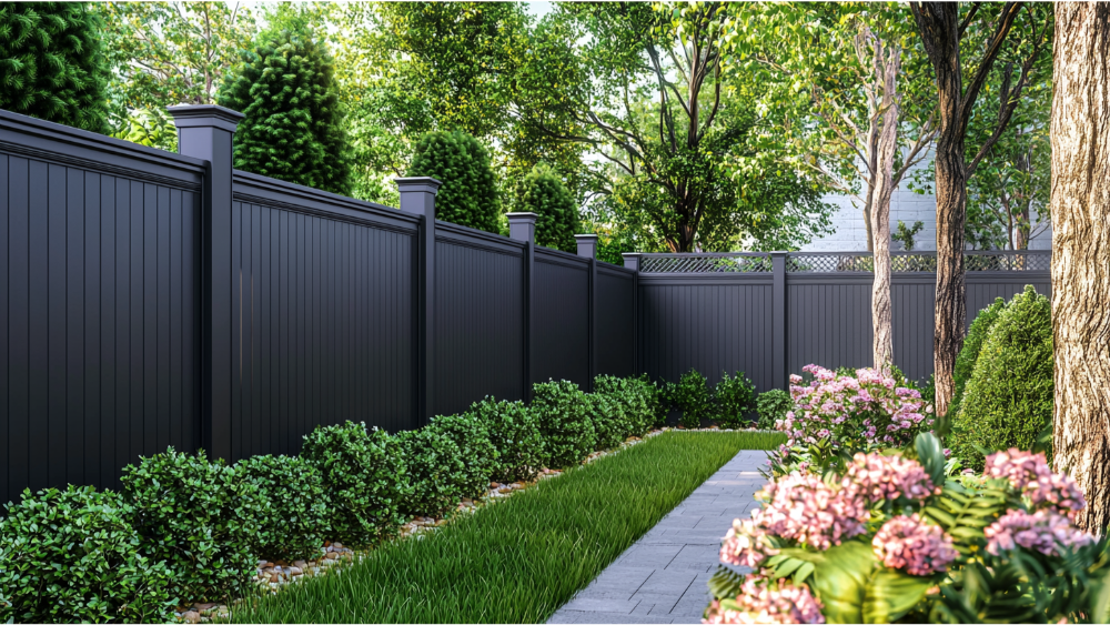 Modern backyard with a tall dark vinyl privacy fence, manicured landscaping, and a stone garden path lined with flowers.