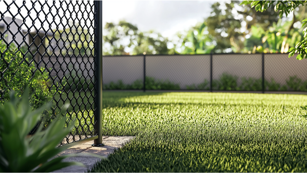 Close-up view of a chain-link fence in a sunny backyard with neatly cut grass and garden plants.