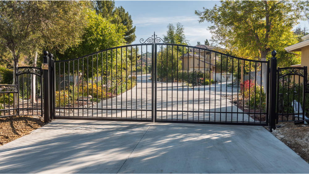 Decorative wrought iron gate with curved top design at a suburban home