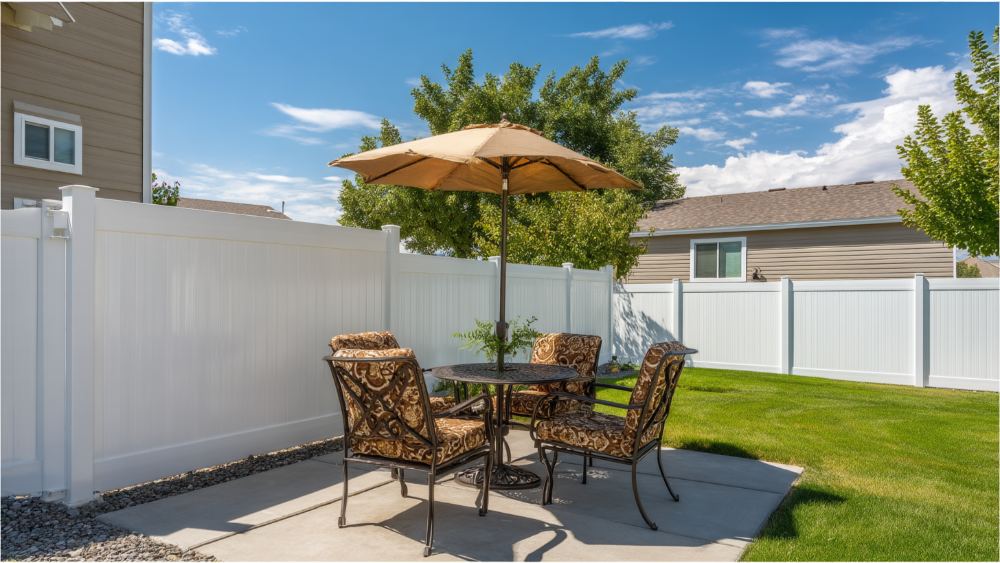 A cozy patio area with cushioned chairs and an umbrella next to a white vinyl privacy fence in a suburban backyard.