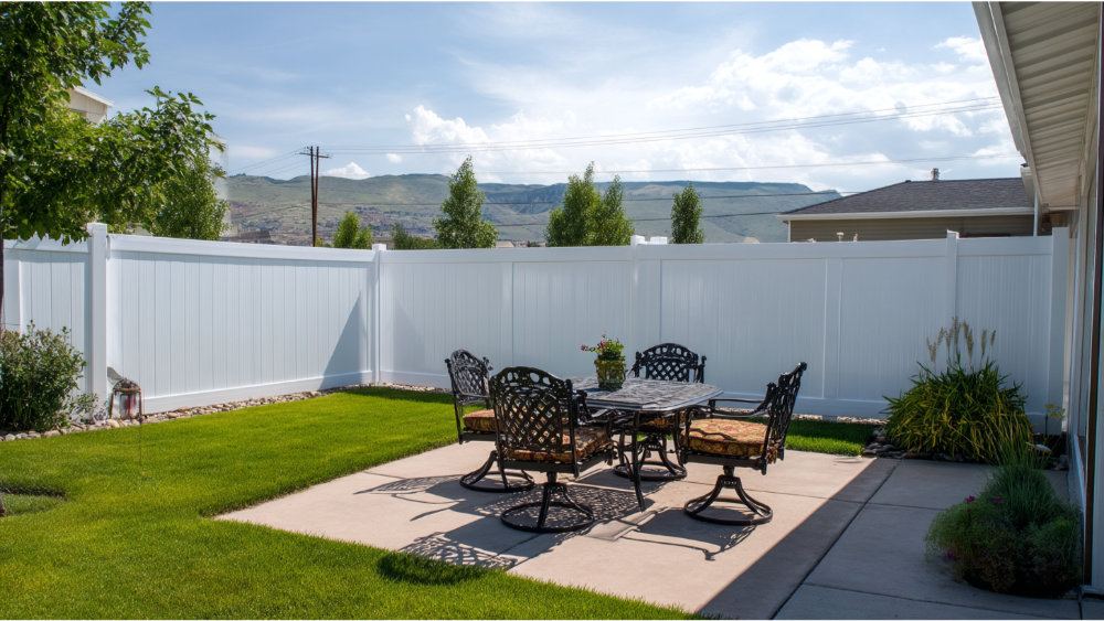A white vinyl privacy fence enclosing a backyard patio with a black metal dining set and mountain views.
