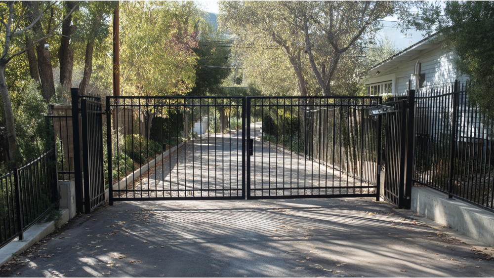 Tall black security gate at a residential driveway entrance