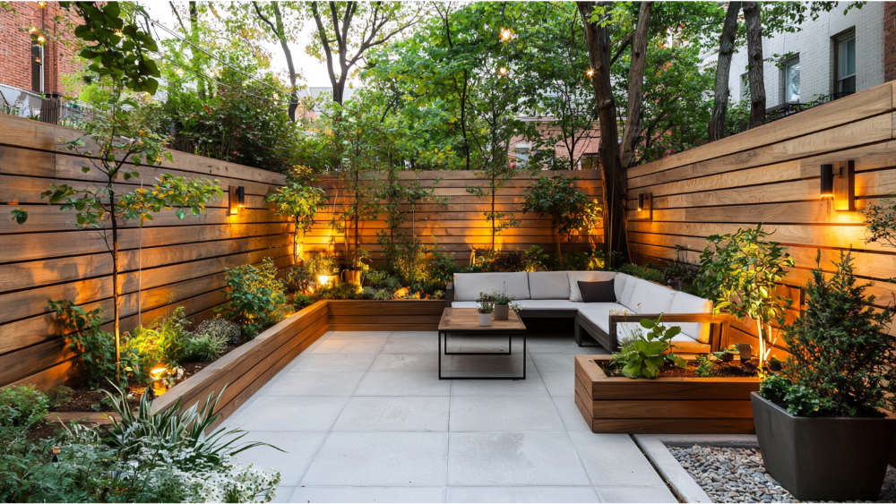 A luxury backyard patio enclosed by a horizontal wood privacy fence with built-in lighting and lush landscaping.