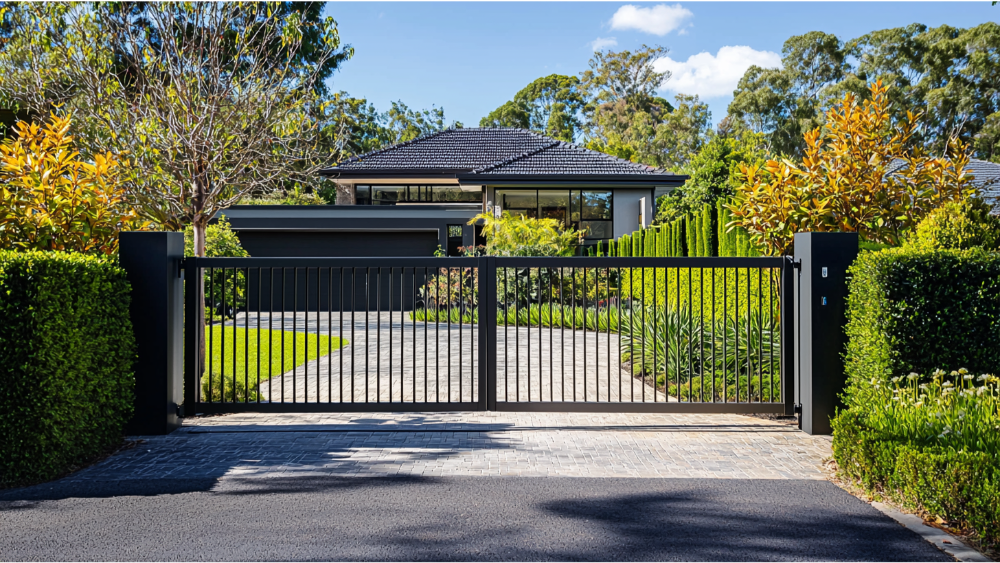 A modern black driveway gate made of horizontal metal slats, leading to a contemporary home surrounded by greenery.
