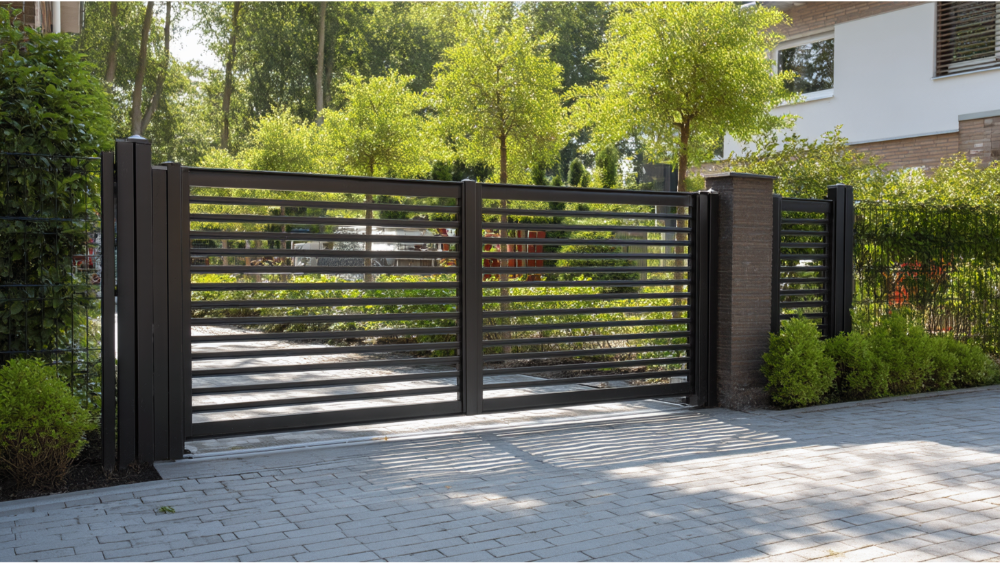 Modern horizontal metal driveway gate with vertical posts