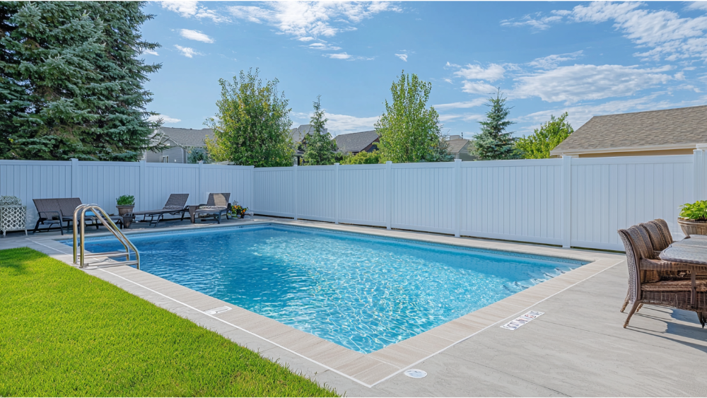 A white vinyl privacy fence surrounding a backyard swimming pool with lounge chairs and patio furniture.