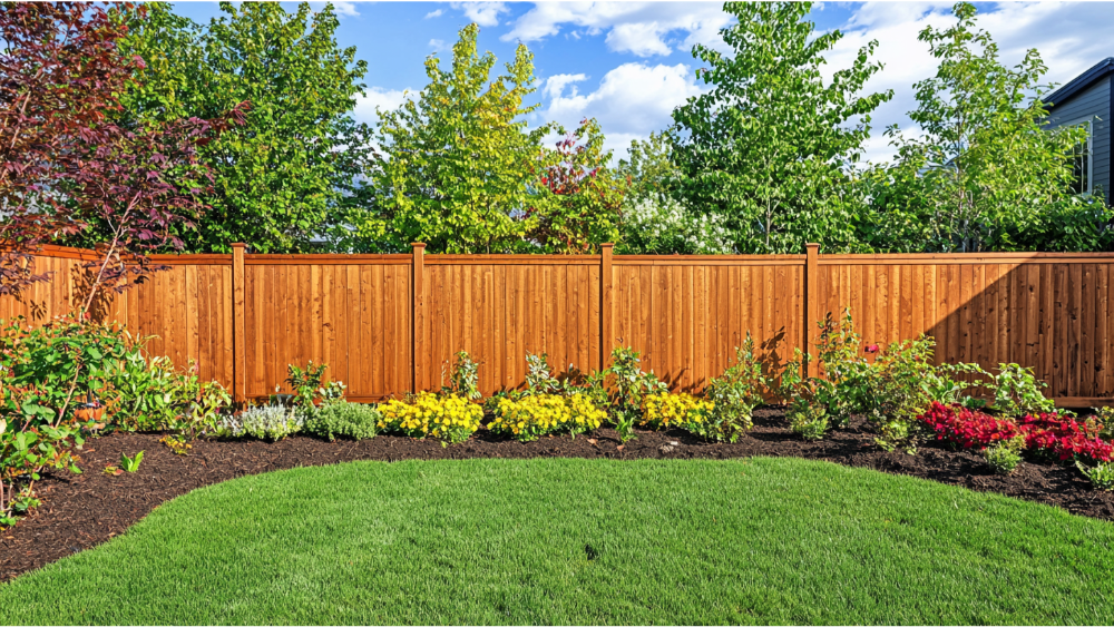 A natural wood privacy fence surrounding a lush backyard with vibrant flowers and green lawn.