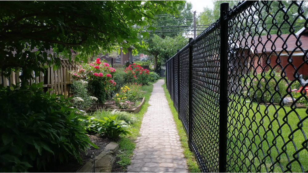 Garden walkway bordered by black chain link fencing