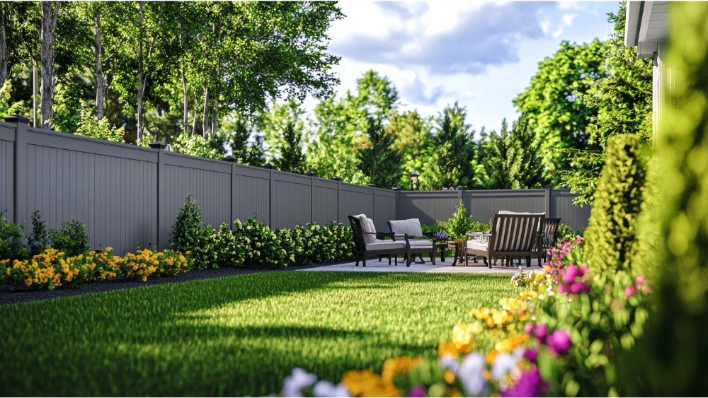 Backyard with a gray vinyl privacy fence, colorful flower beds, and a cozy patio seating area surrounded by lush greenery.