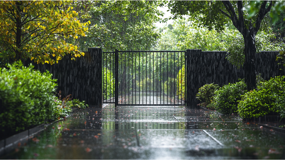 Black metal gate on a rainy day with trees and greenery.