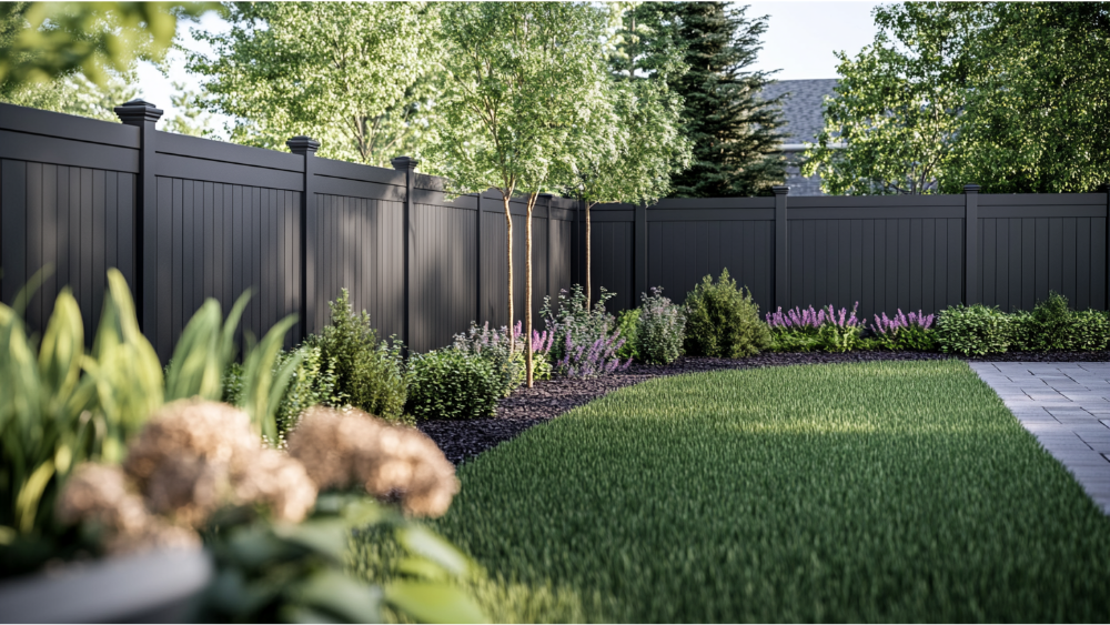 Modern backyard with clean landscaping, artificial turf, black privacy fence, and small flowering plants along the edge.
