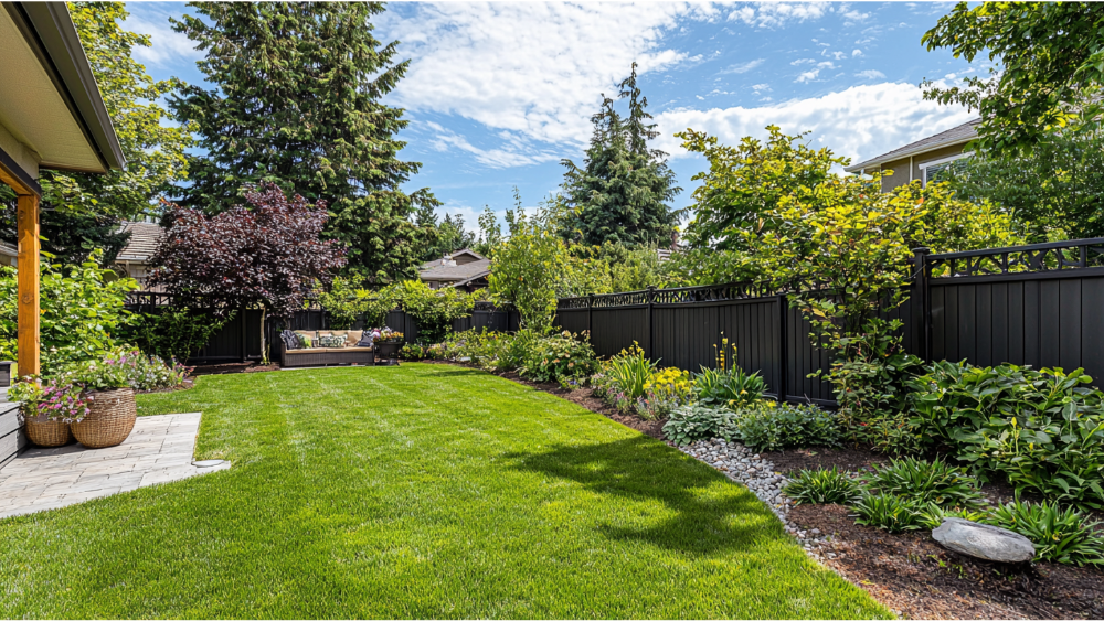 Backyard with green grass, patio seating area, black privacy fence, and lush landscaping under a partly cloudy sky.