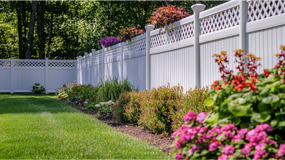 Bright white vinyl fence with decorative lattice panels enclosing a garden filled with colorful flowering plants and manicured grass.