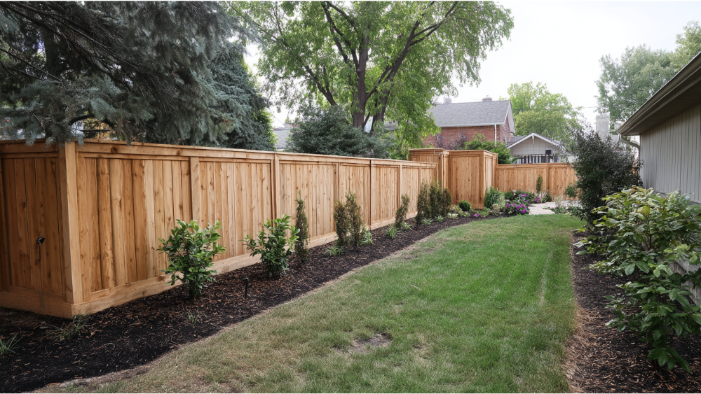 Neatly landscaped yard featuring a natural wood privacy fence, well-maintained lawn, and young shrubs.