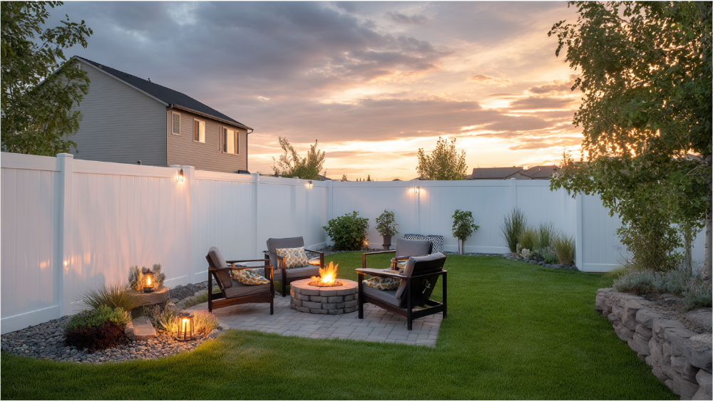 Clean white vinyl privacy fence surrounding a cozy backyard with fire pit, patio furniture, and sunset lighting.