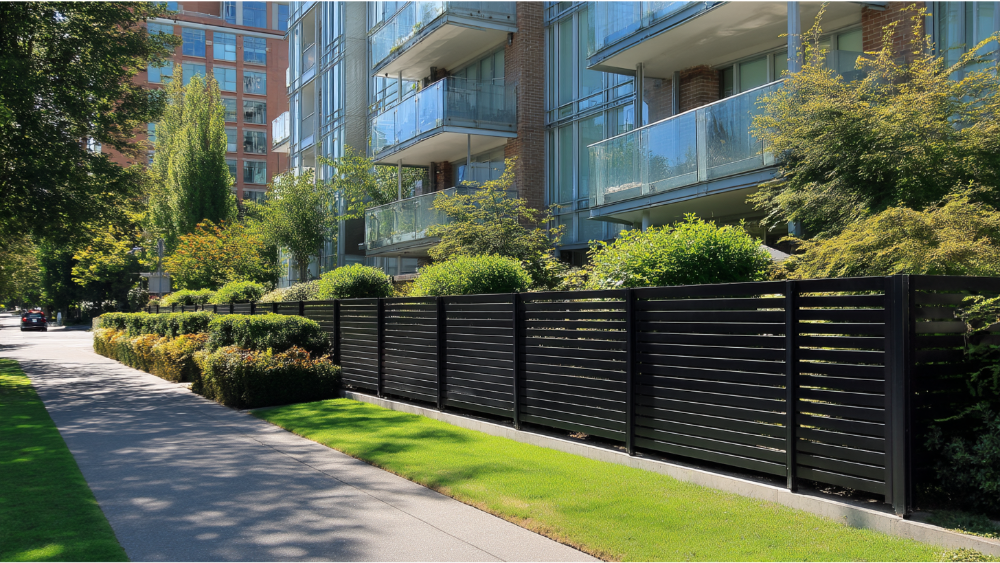 Contemporary black horizontal slat fence providing privacy and style outside a modern apartment or condo building.