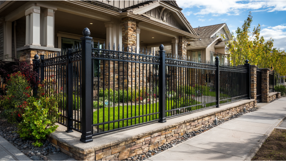 Ornate black metal fence with decorative finials and stone columns enhancing the curb appeal of a luxury home.