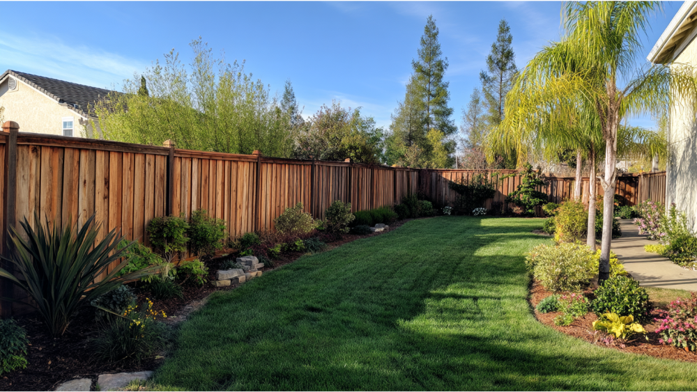 Tall wood privacy fence enclosing a backyard with palm trees, green lawn, and vibrant plant beds under a clear sky.