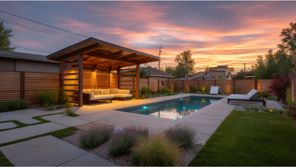Backyard pool area with a warm-lit wooden pergola, horizontal slat shadowbox fence, and modern landscaping at sunset.