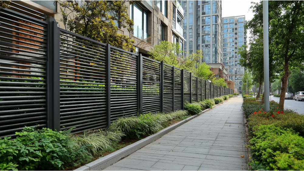 Contemporary black metal slat fence bordering an urban sidewalk with lush greenery and modern apartment buildings.