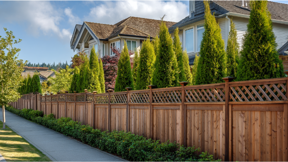 Tall wooden privacy fence with a decorative lattice top lining a suburban sidewalk in front of well-landscaped homes.