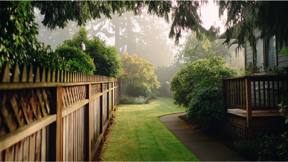 Classic wooden fence with lattice and pointed tops lining a lush backyard pathway beside a home on a misty morning.