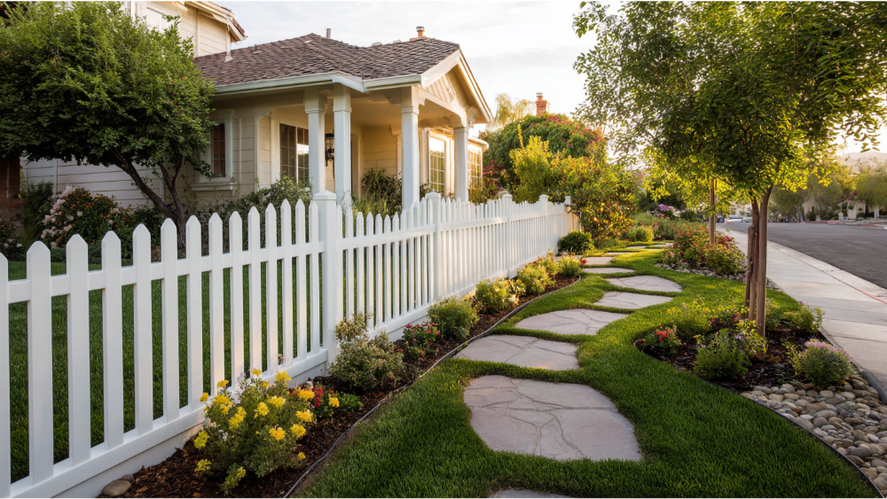 Classic white vinyl picket fence bordering a charming front yard garden with stepping stones, flowers, and manicured grass.