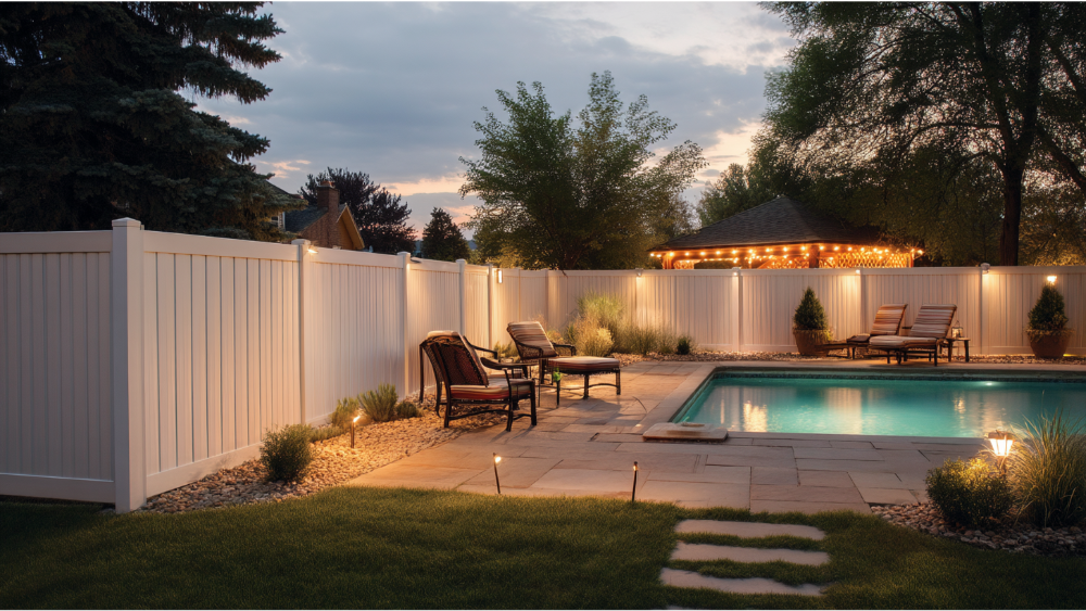 Tall white vinyl privacy fence enclosing a peaceful backyard with a swimming pool, lounge chairs, and ambient lighting at dusk.