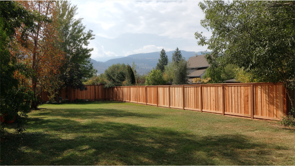 Freshly installed wood privacy fence enclosing a spacious grassy backyard with surrounding trees and mountain views.