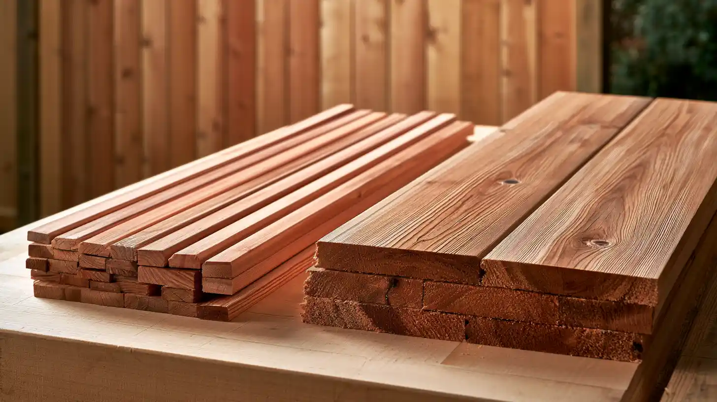 Cedar fence pickets and cedar fence boards compared by size, shape, and intended fencing use