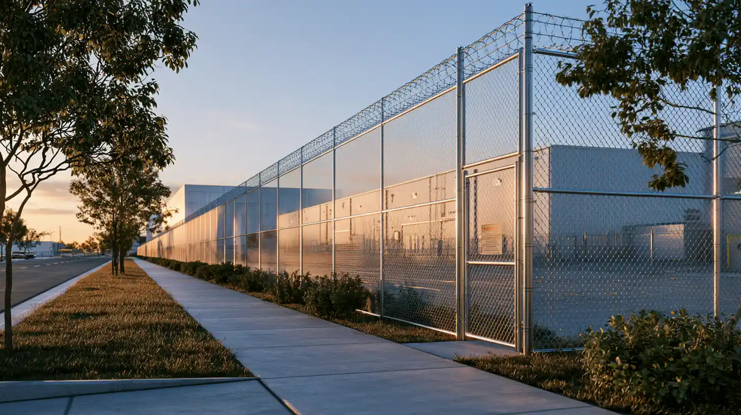 Commercial security fence with properly positioned wire top guard and warning signage
