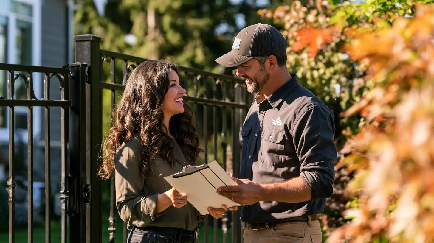 Homeowner discussing ornamental iron fence materials and specifications with a fencing contractor