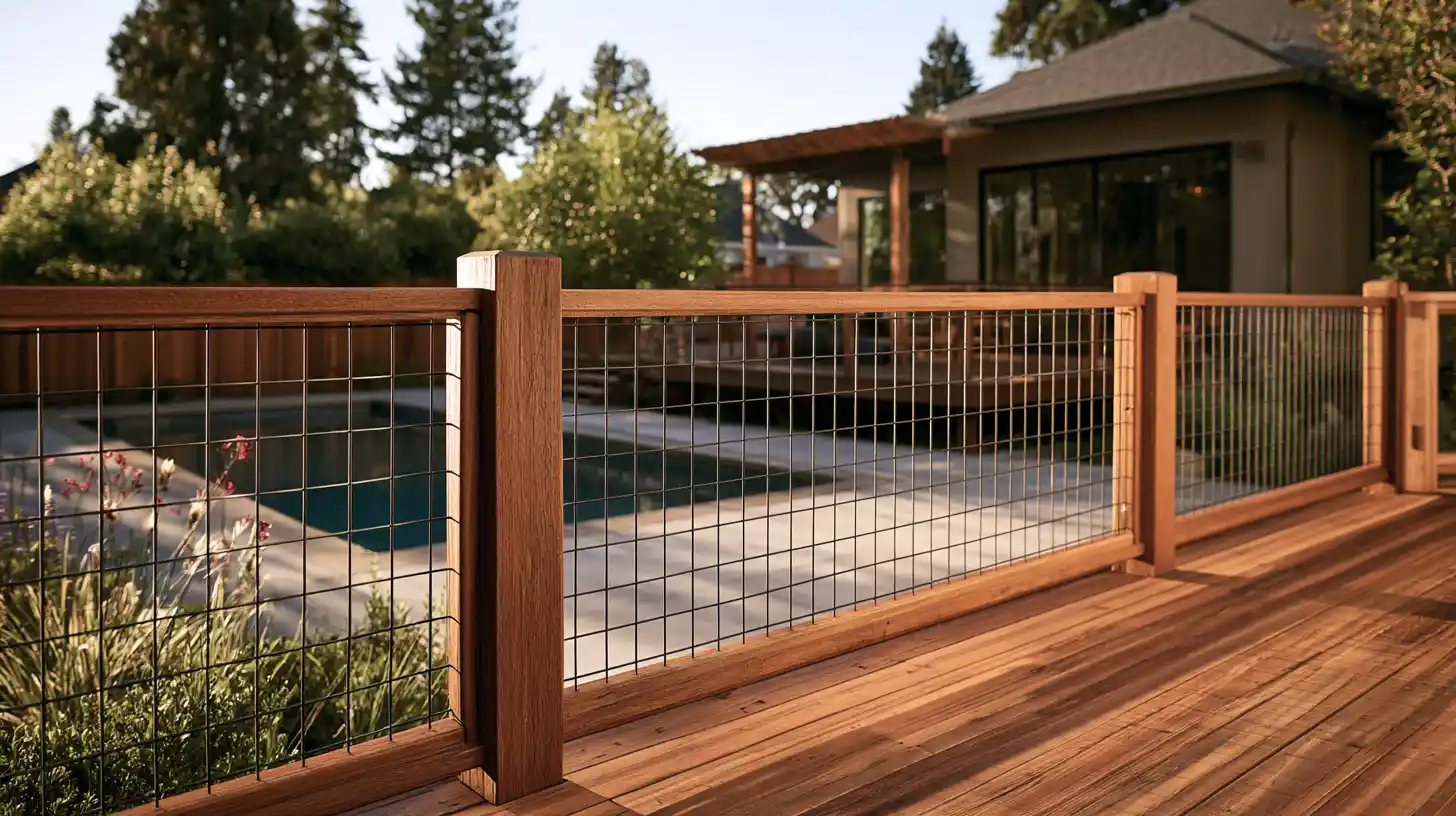 Framed hog wire fence used around a modern pool and deck area