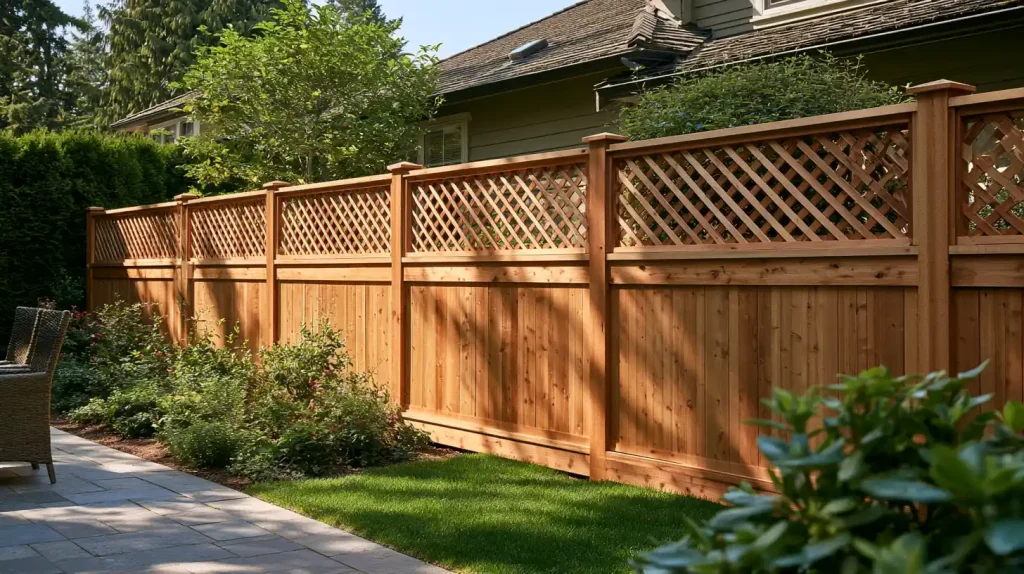 Cedar privacy fence with lattice topper allowing light and airflow into a Seattle backyard.