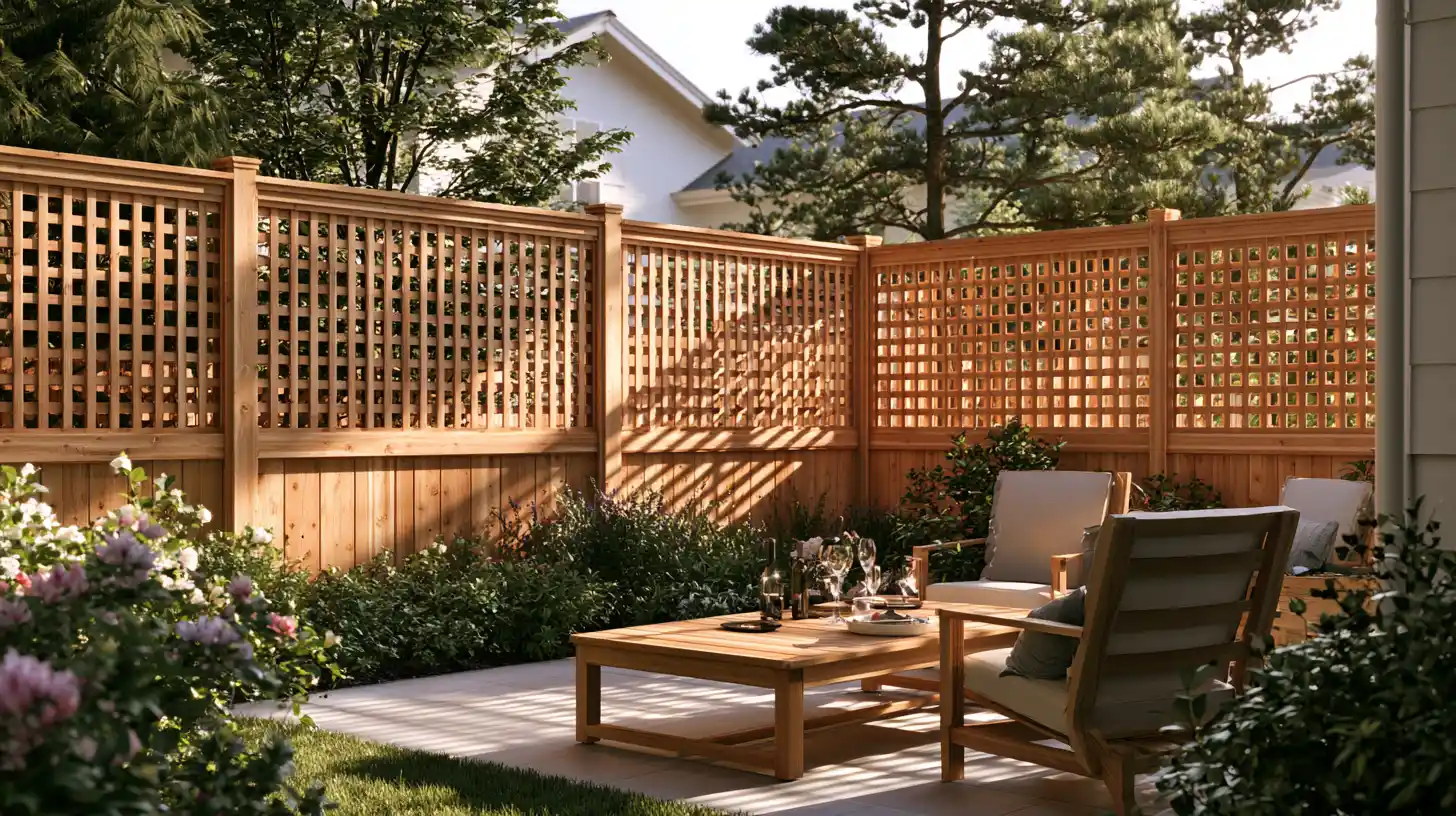 Lattice fence filtering views while allowing sunlight and airflow into a backyard.
