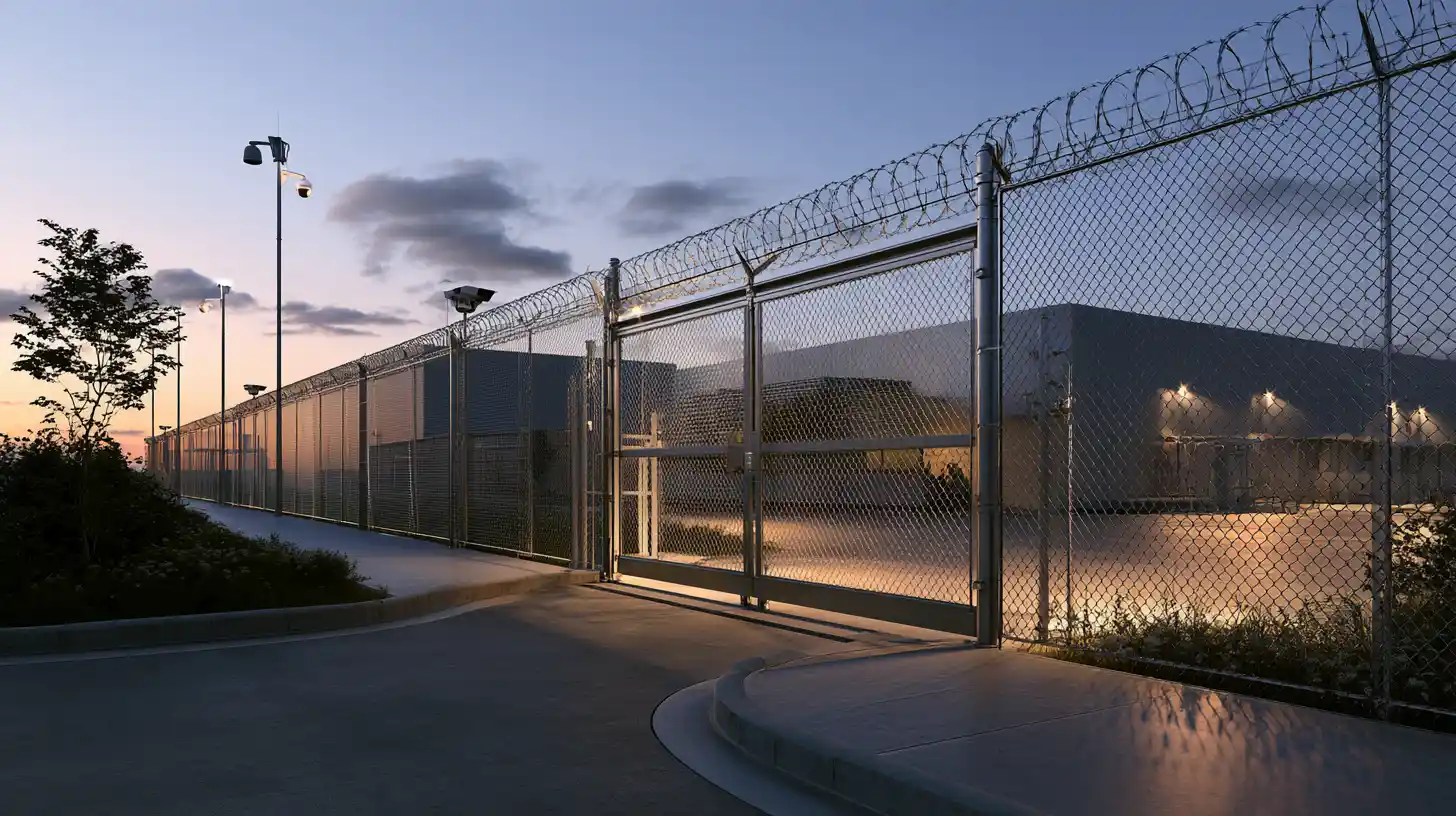 Commercial perimeter security system combining chain-link fencing, barbed wire, cameras, lighting, and controlled access