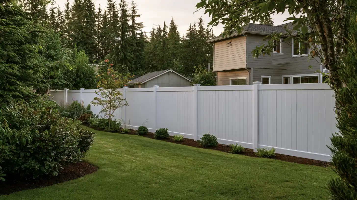 Durable white vinyl PVC fence standing strong in a landscaped Seattle backyard