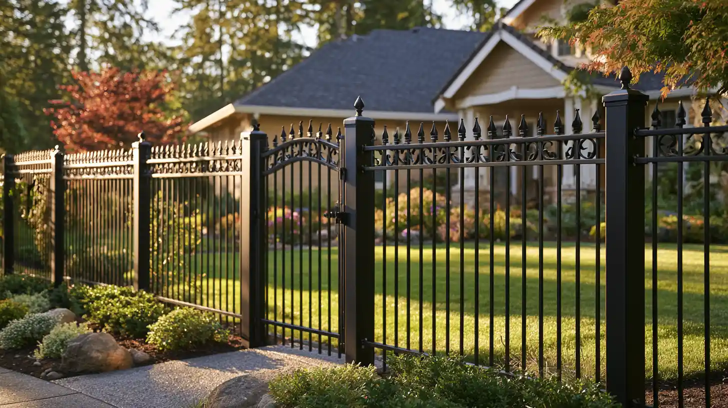 Modern ornamental iron fence commonly referred to as wrought iron fencing
