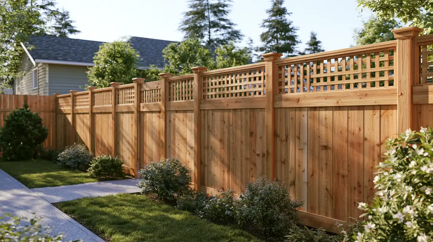 Residential cedar fence being evaluated for lattice installation, height, support, and property layout.